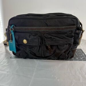 Vintage Coach Nylon & Leather Large Black & Turquoise Soho Handbag Diaper Bag